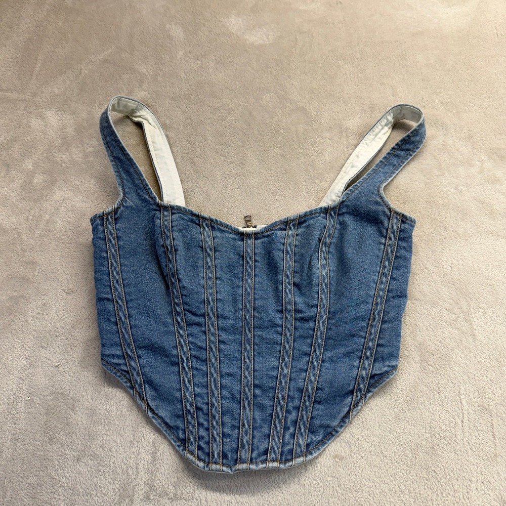 Bardot Shirt Women's 2 Denim Corset Top Blue Structured Bustier Pointed‎ Hem Y2K